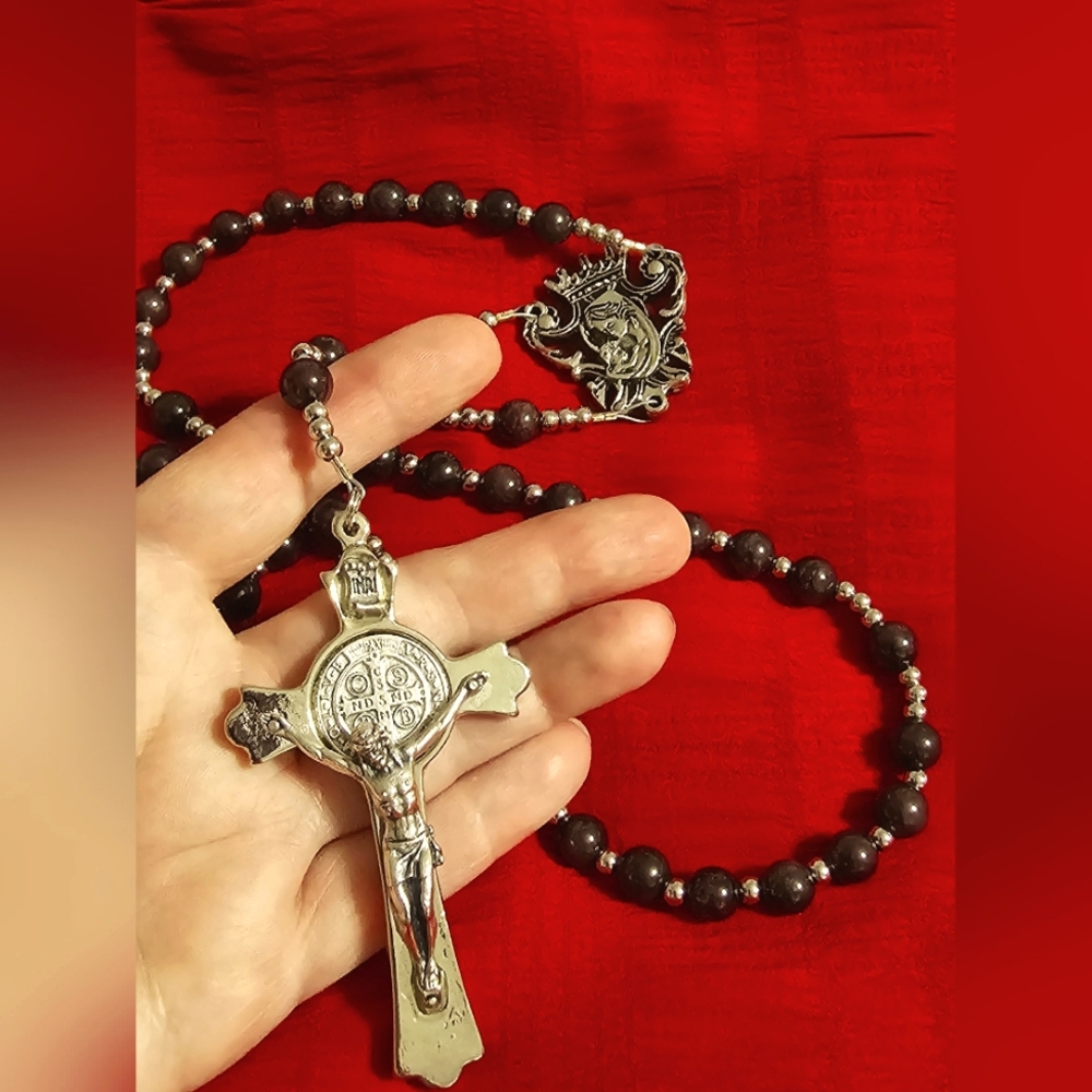 RARE Vintage Crown Rosary Co. Large Silvertone Gemstone Rosary.  113.08 Grams